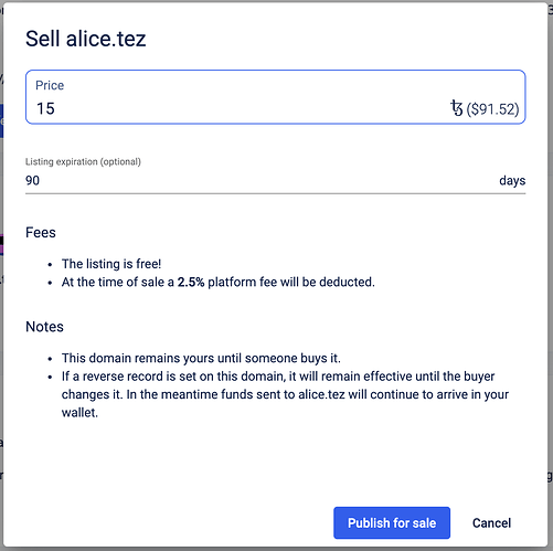 Sell domain dialog